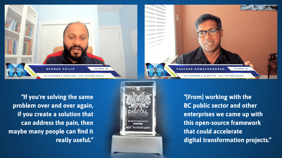 AOTTechnologies's tweet photo. Co-founders George Philip and Praveen Ramachandran see IT World Canada @itworldca award as reaffirming AOT’s https://t.co/Ekmnl335QN’s power to transform government.

#DXAwards #ITWC #Canada #digitaltransformation 

https://t.co/zcrzgIkYxt https://t.co/xt9sLIrNMY