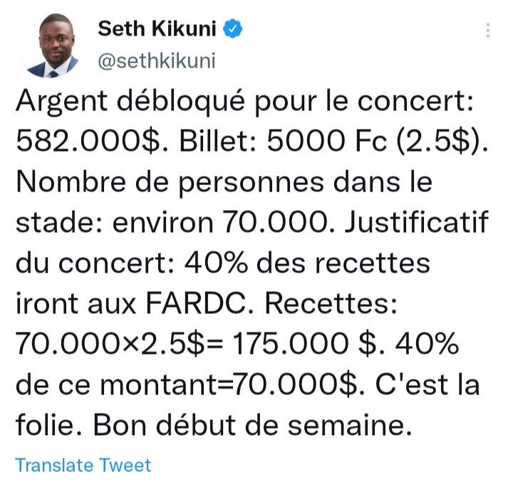 Misalaplusnews's tweet photo. 🔴 🇨🇩 | 
Argent débloqué pr le concert: 582.000$. Billet: 5000 Fc (2.5$). Nombre de personnes dans le stade: environ 70.000. Justificatif du concert: 40% des recettes iront aux FARDC. Recettes: 70.000×2.5$= 175.000 $. 40% de ce montant=70.000$. C'est la folie. Bon début d semaine https://t.co/CAgWsysKkb