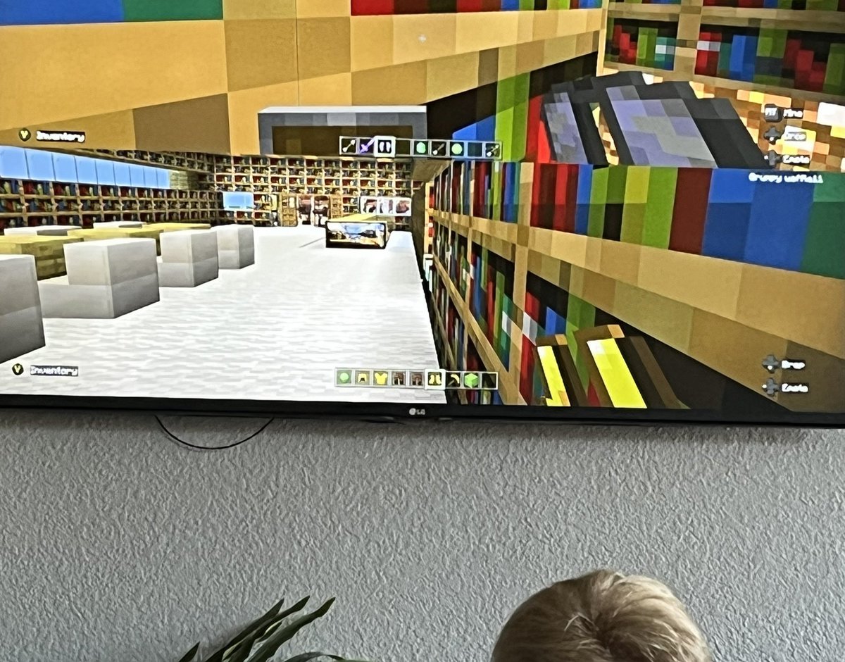 TheMrsPierce's tweet photo. My boys are excited about my new career as a librarian. So much, that they built a library for me in their mindcraft world. #librarian #ethridge #reading https://t.co/kHLfsdkY4a