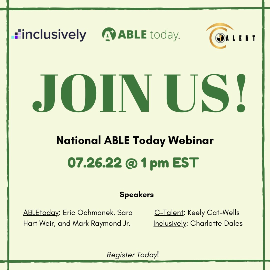 abletoday's tweet photo. Join #ABLEtoday, along with co-hosts @C_TALENT_ & @WorkInclusively, for our first virtual National ABLEToday Webinar 07.26 @ 1 pm EST, to help spread awareness about ABLE Accounts to individuals with disabilities, families and caregivers.
Register TODAY: https://t.co/SeNAs2TZYK https://t.co/HnLA8VFwpw