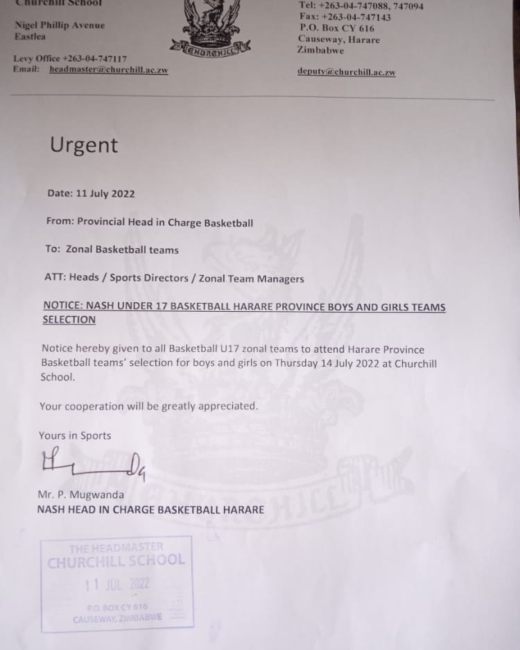 hba_zim's tweet photo. Churchill School will be hosting the Nash Under 17 Basketball selection for Harare Province for boys and girls. The cut off date of birth is 2005-2007. Let's spread the word to all our young stars for this selection opportunity.

#hararebasketball #basketballselection https://t.co/tsSbU9Nj8U