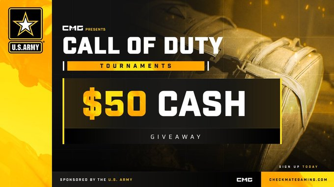 $50 Cash Giveaway CMG x U.S. ARMY

🎁 2 Winners of $25
♻️ Retweet this tweet
👥 Tag your duo
💚 Follow <a href="/CMG_Esports/">CMG</a>

Winners picked Thursday 5 PM EST.

Enter here -checkmategaming.com/FreeTournament…

#CMG #CallofDuty #Warzone #Vanguard #Giveaway #Giveaways