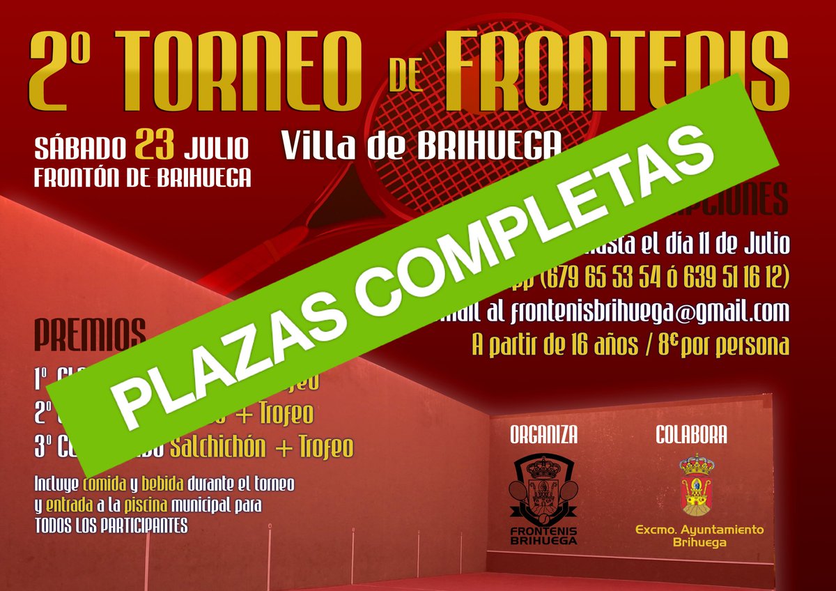 Plazas completas para el II Torneo Villa de Brihuega.

Muchas gracias a todos.

¡¡¡ A disfrutar !!!