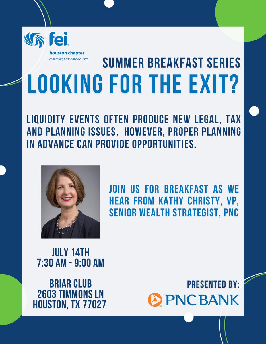 FEI_Houston's tweet photo. Join us Thursday at the Briar Club as we hear from @Kathleen Christy VP, Senior Wealth Strategist at @PNCBank. We will hear about legal, tax and planning issues with liquidity events and how proper planning can provide opportunities. Register today! https://t.co/asYXS8aSHN https://t.co/zBgdcQE9l0