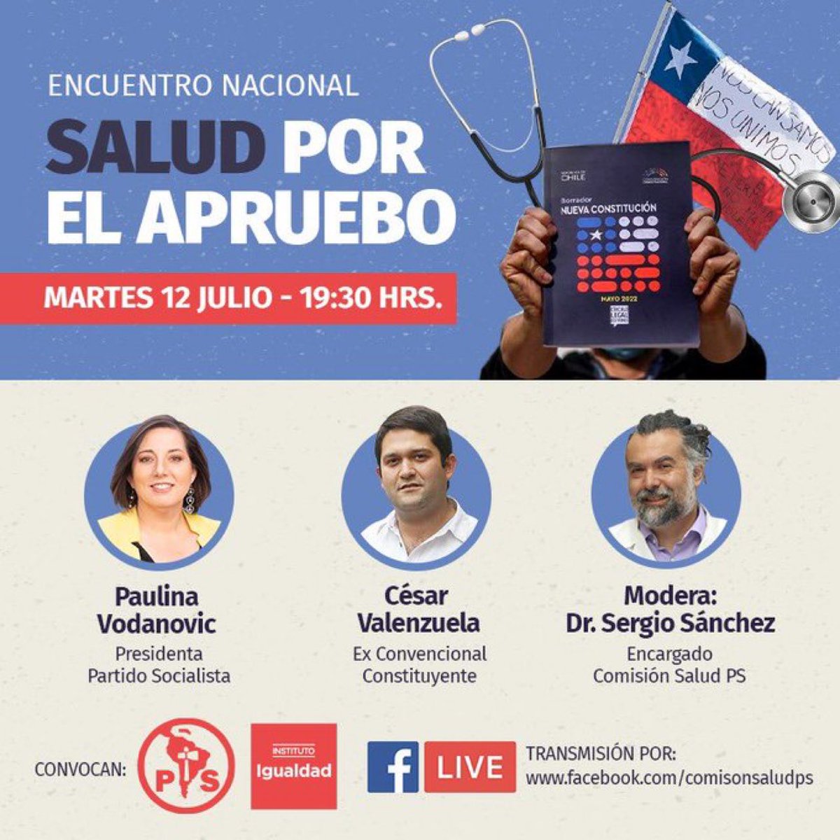 🏥Encuentro Nacional Salud por el #Apruebo
🕥Martes 12 de julio 19.30 hrs 

Con la participación de:
✅<a href="/pvodanovic/">Paulina Vodanovic</a>, presidenta del @pschile.
✅<a href="/cesarvalen/">César</a> , ex convencional Constituyente.
Modera:
☑️Dr. Sergio Sánchez, encargado Comisión Salud Partido Socialista de Chile.