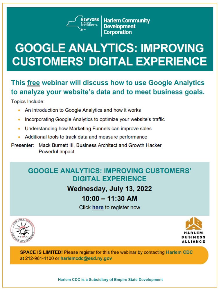 USING GOOGLE ANALYTICS TO IMPROVE YOUR CUSTOMER’S ONLINE EXPERIENCE
#pleaseshare🙌🏾
    
WHEN:
Wednesday, July 13, 2022
10:00am - 11:30am
 
🔗REGISTRATION: bit.ly/3PjFUhj