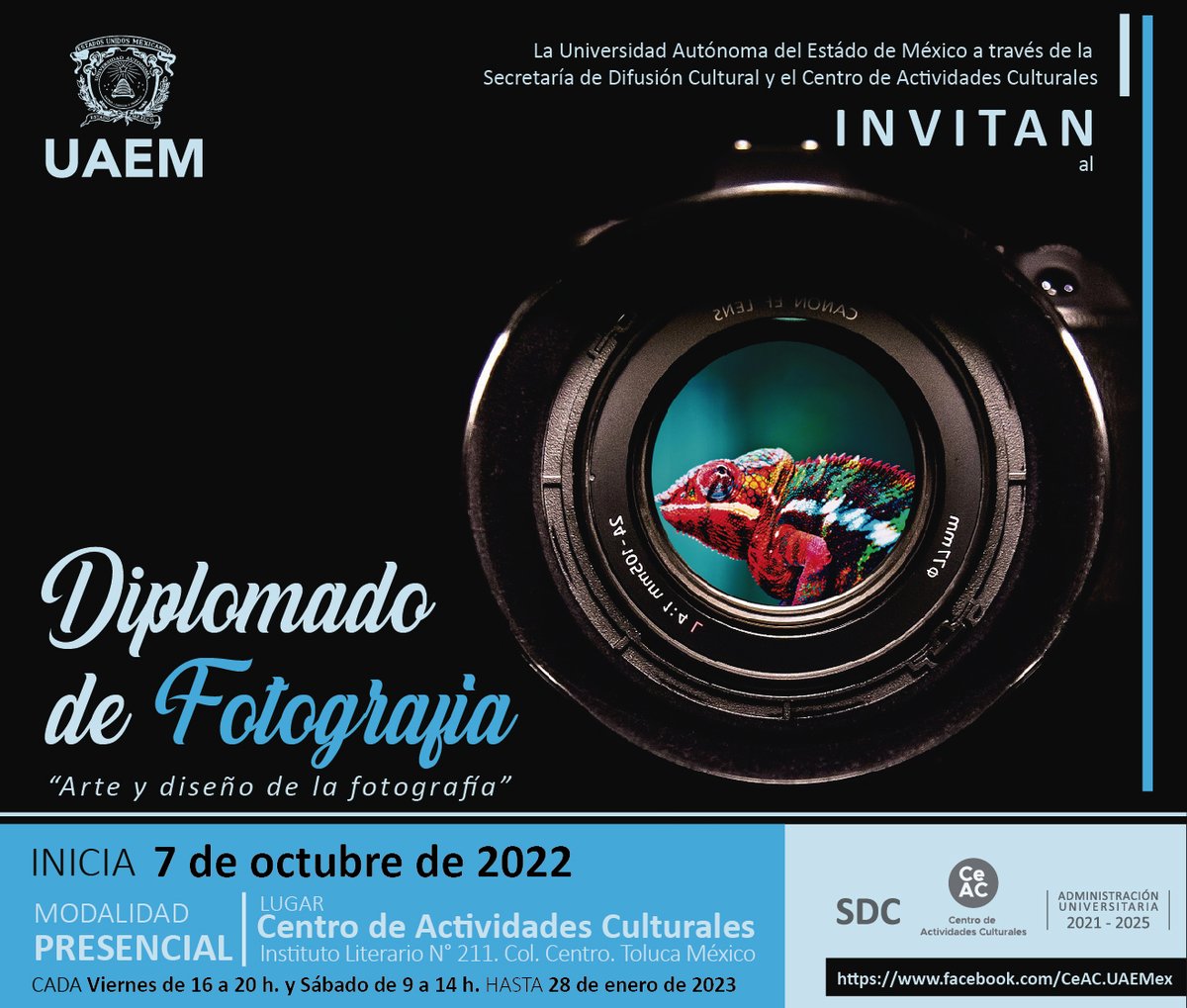 CeAC_UAEMex's tweet photo. Diplomado “Arte y Diseño de la Fotografía”
Convocatoria en: https://t.co/vaOgZnZEfY
📅Del 07 de octubre del 2022 al 28 de enero del 2023

📝Informes en Instituto Literario #211, Colonia Centro, Toluca, Edo. Méx. Tel: 722 2 15 89 20 (ext. 112)

#SomosCultura #SomosUAEMéx https://t.co/M3Pwo8edCU