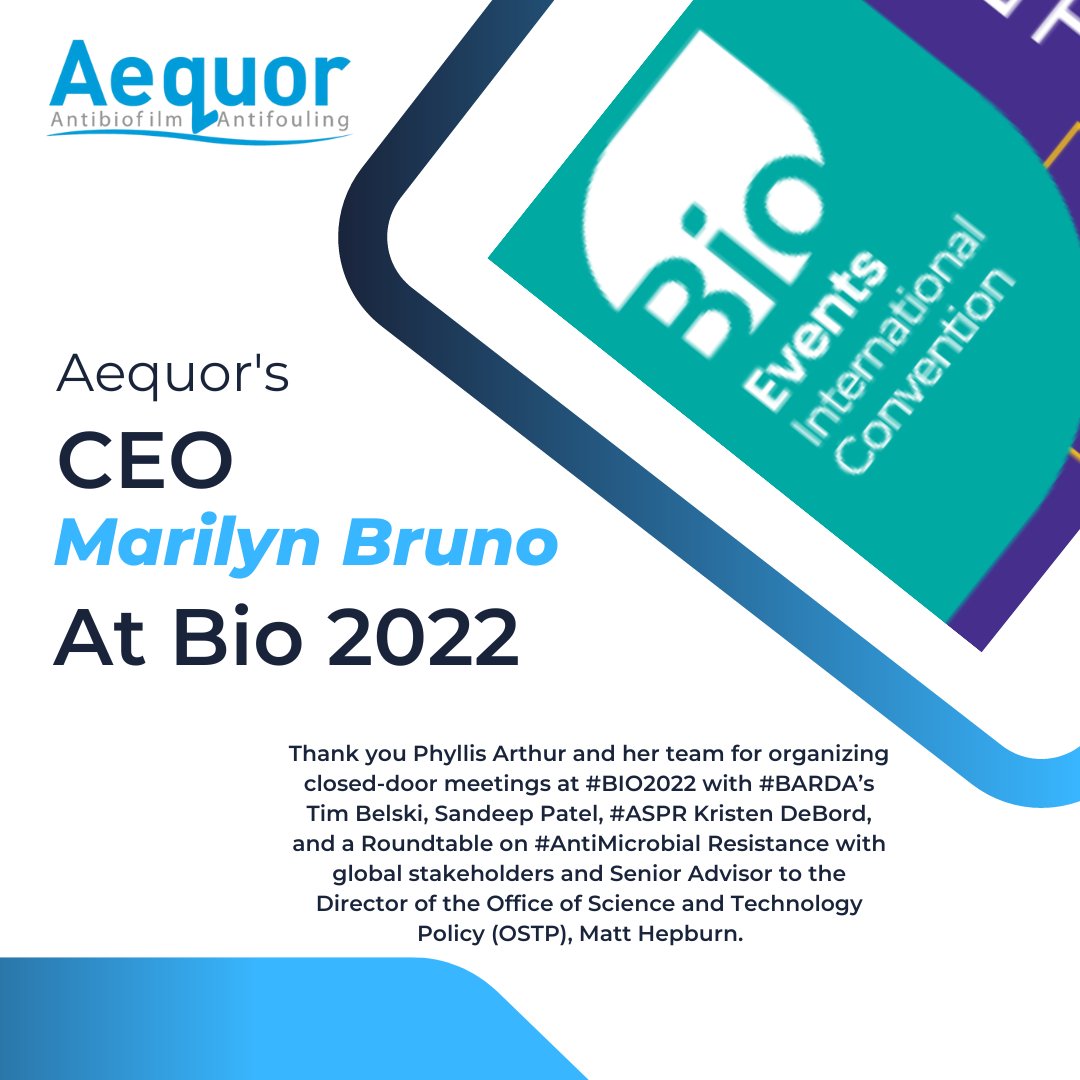 Aequor_Inc's tweet image. AEQUOR, Inc. attended #bio22, and CEO Marilyn Bruno commented that there is need for early-stage funding for new, broad-spectrum antibiotics that work in the presence of biofilm. 

#BIO22 #BARDA #ASPR #biotech #funding