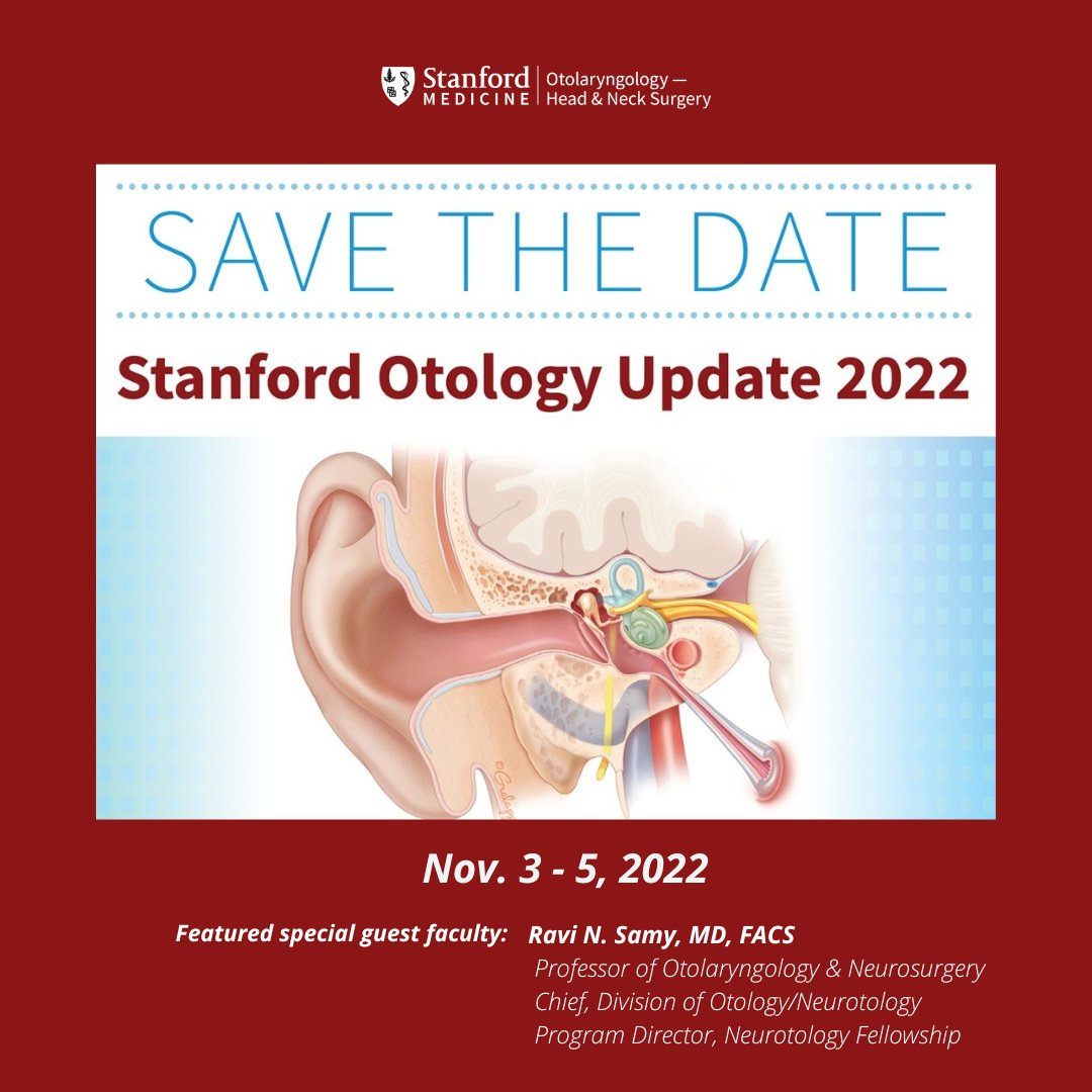 Save the Date!👂🩺

The Stanford Otology Update will be held on November 3 - 5, 2022.

This event is intended to increase knowledge surrounding the effective diagnosis and management of common, clinically relevant otologic disorders.

More details to come! stan.md/3AGPre5