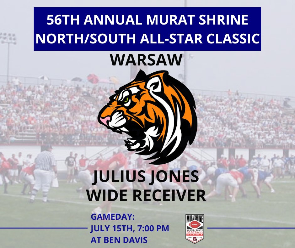 Julius Jones will represent Warsaw High School in the Murat Shrine North South All Star Classic

<a href="/iamj4x/">Julius Jones</a> @USF_Football@WarsawTigerFB