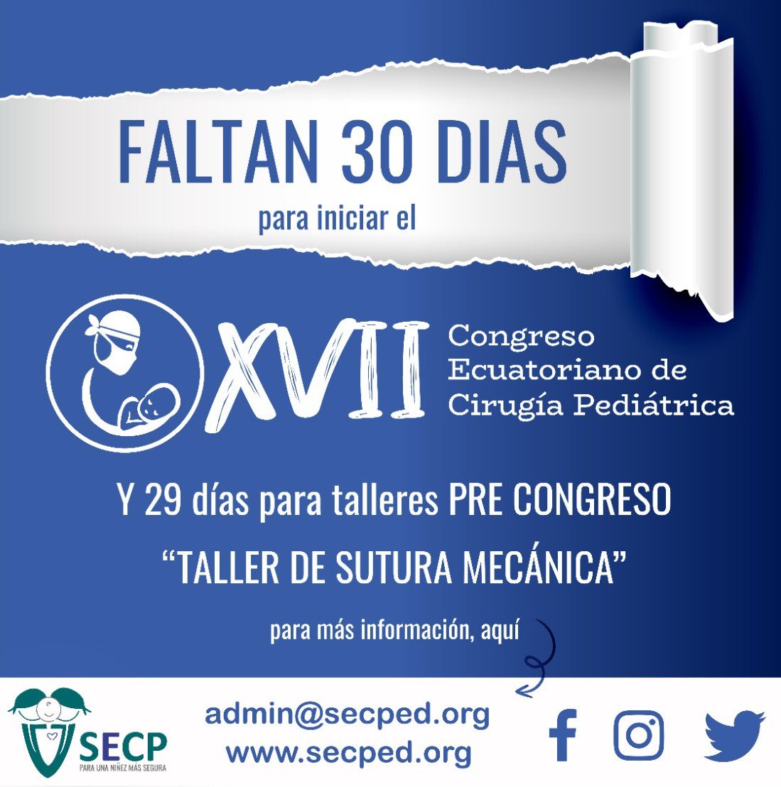secirped's tweet photo. ¡Cada vez más cerca!

Estamos a 30 días de iniciar el XVII Congreso Ecuatoriano de Cirugía Pediátrica que se desarrollará en la Ciudad de Portoviejo de la provincia de Manabí… 

¡Inscríbete ya! ⬇️
https://t.co/AkIgDZrW1k
.
.
#cirugíapediatrica
#pediatría https://t.co/OSaPEJKxp2