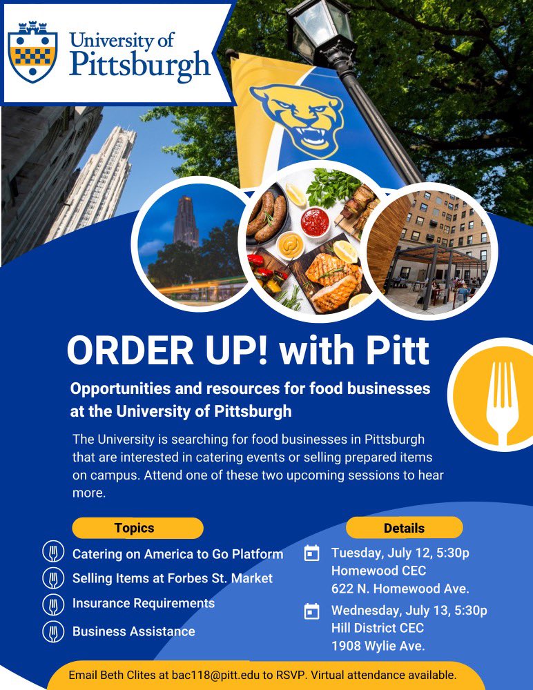 PITT is searching for food businesses in Pittsburgh that are interested in catering events or selling prepared items on campus. Attend one of these two upcoming sessions to hear more. (Share with your catering friends…) 🍔