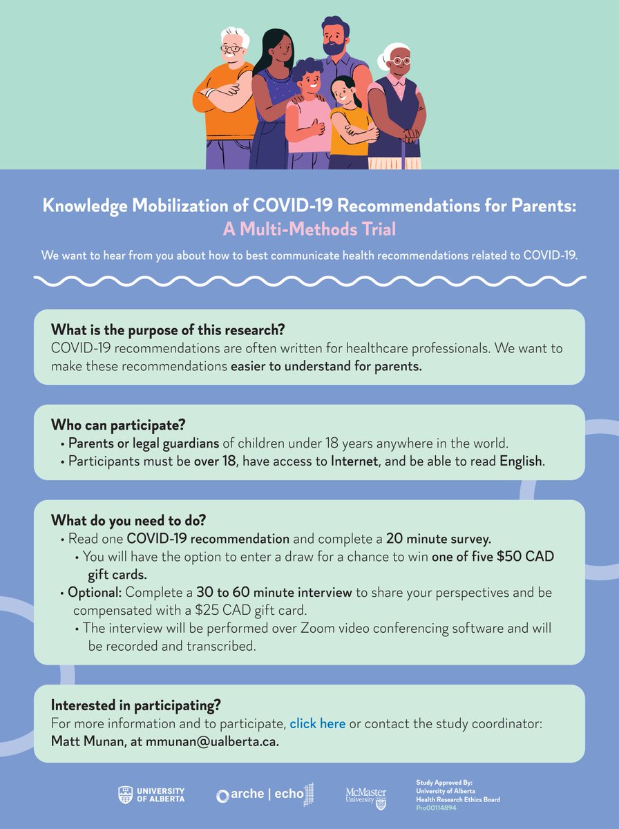 arche4evidence's tweet photo. Are you a #parent of a child under 18? We are looking for participants to complete our survey comparing #COVID-19 #healthrecommendations presented in different formats.
Click here:https://t.co/he5fioIXhn
for more information and to participate.
@cochranecollab @StolleryKids https://t.co/IccVQ3d4cU