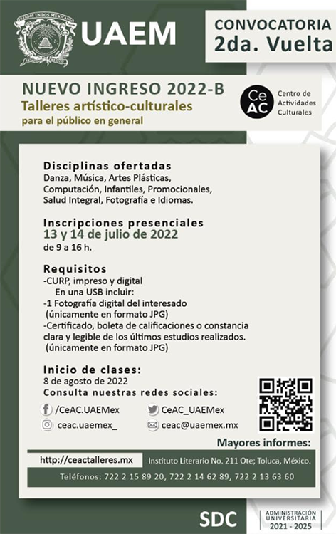 CeAC_UAEMex's tweet photo. ¿No pudiste preinscribirte a alguno de nuestros talleres? No te preocupes, aún estás a tiempo. Este miércoles 13 y jueves 14 de julio, te esperamos en la segunda vuelta de inscripciones.

Consulta los talleres en: https://t.co/xEiDe6BKtw
#TalleresCeAC #SomosCultura #SomosUAEMéx https://t.co/l8gfjdihim