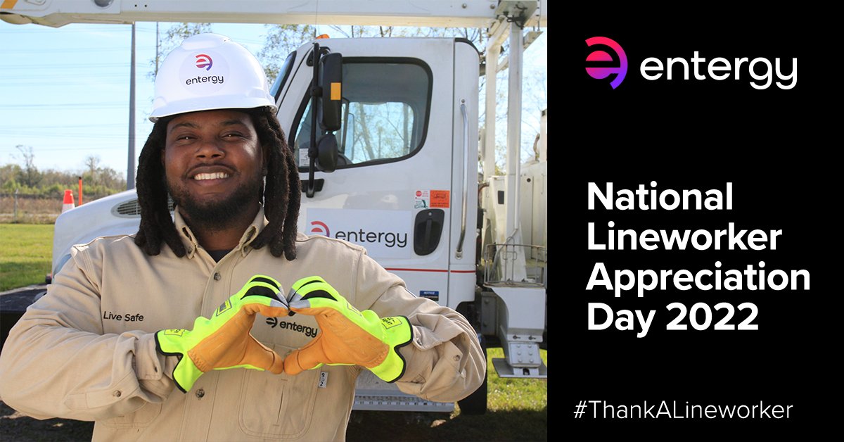 Entergy's tweet photo. We're celebrating National Lineworker Appreciation Day all week long! 

Here are some ways you can show your support! 

👋 Wave or say hello
🚧 Give them some space #SafetyFirst
📱 Post a message using the hashtag #ThankALineworker on social media. 

#WePowerLife https://t.co/5VPO90CMnr