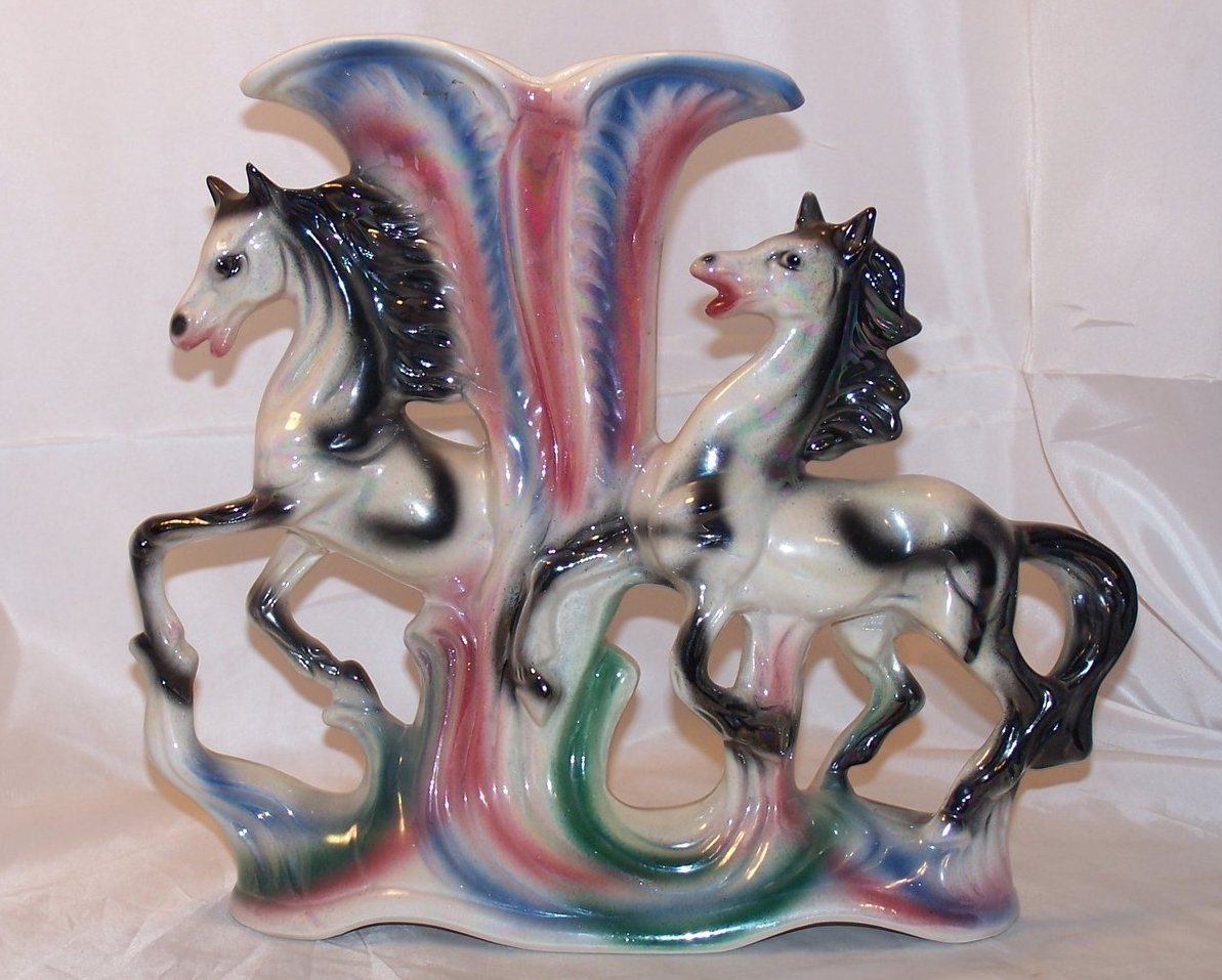 Large Opalescent Ornate Double Horse Vase, Italy Use link to purchase: buff.ly/3nW5rkS #horse #italy #italianvase #vase