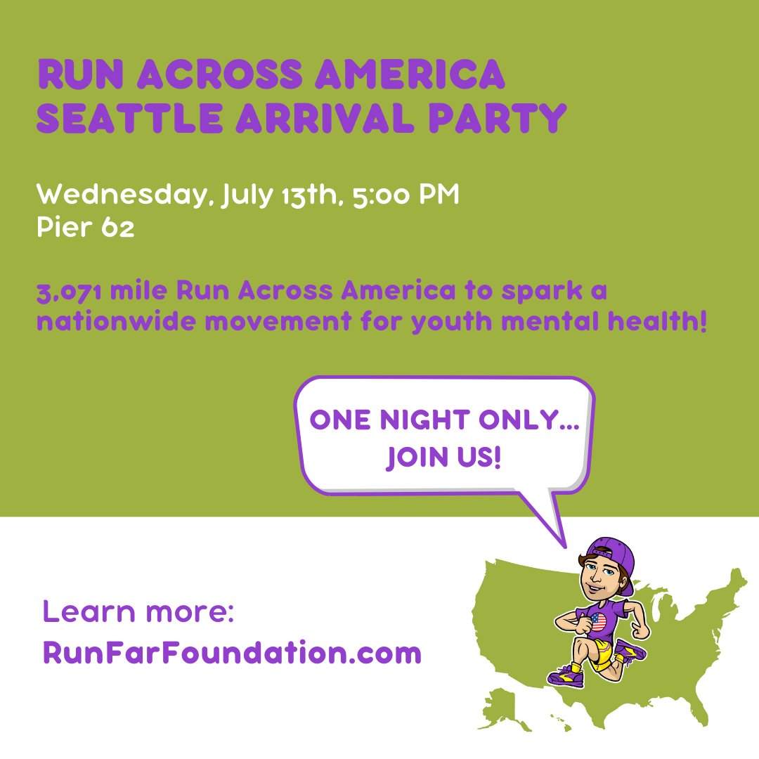 SEATTLE! We are coming for ya 💪! Celebrate 3,000 miles run for #youthmentalhealth with <a href="/GregNance/">Greg Nance</a> at Pier 62 THIS Wednesday at 5PM. Just show up! #seattle
