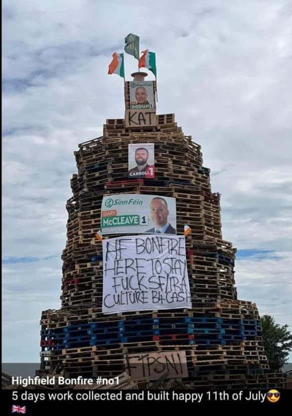 Tonight I am having to answer questions from my children who came across this on social media why their Daddy is on a bonfire to be burnt.

This is not culture, it is a hate crime. Those within political unionism need to show leadership &amp; stand up against this sectarian hatred