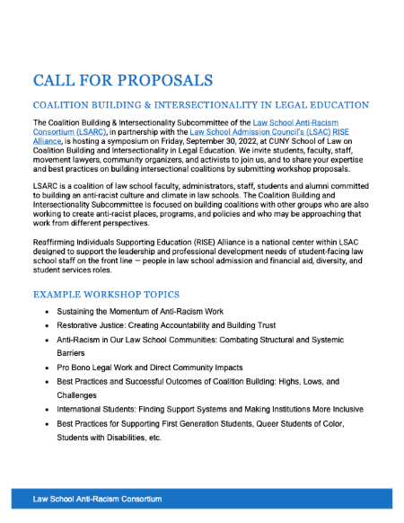 NY_LSARC's tweet photo. The Coalition Building &amp; Intersectionality Subcommittee of @NY_LSARC with @LSAC_Official RISE Alliance symposium on Fri, 9/30/22 @CUNYLaw on "Coalition Building &amp; Intersectionality in Legal Education" seeks workshop proposals here by Mon, 7/25/22, 11:59PM: https://t.co/x8oVsWYArG https://t.co/U1JFNhp3ki