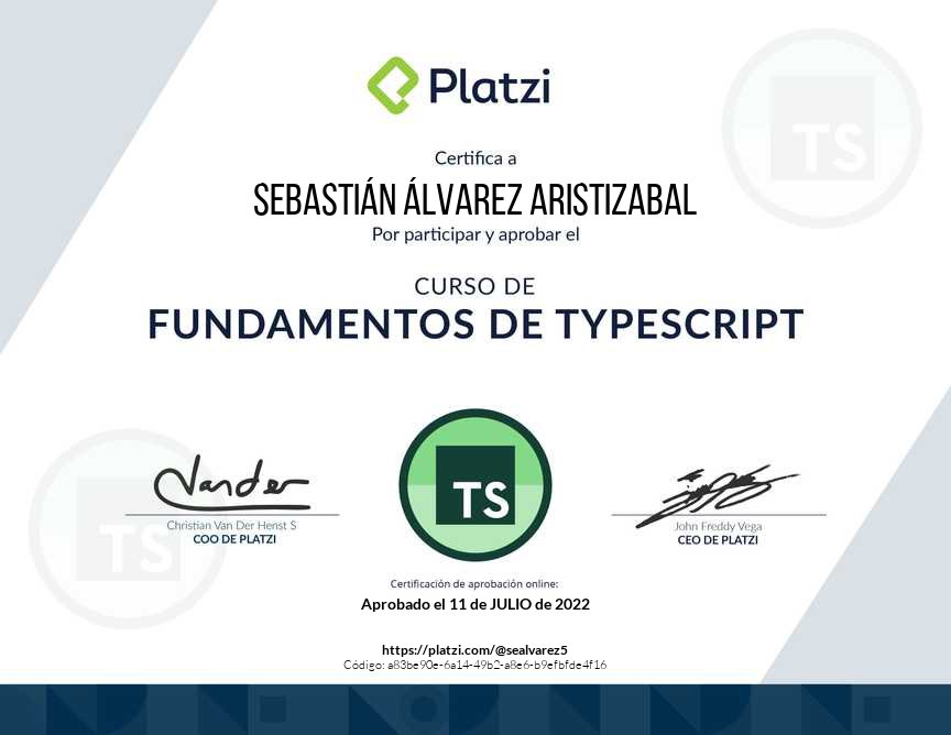 I passed the Curso de Fundamentos de TypeScript in Platzi! platzi.com/cursos/typescr…