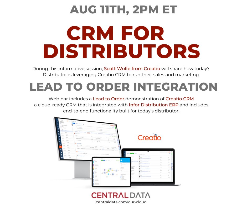 CentralDataNews's tweet photo. Today's Distributor requires a CRM platform that can provide automation within marketing, sales and service. An end-to-end customer journey that is fully integrated with your ERP.

Join us on August 11th and see how @Creatio_Global is bringing workflow automation to Distributors. https://t.co/OZnQd9fIsy