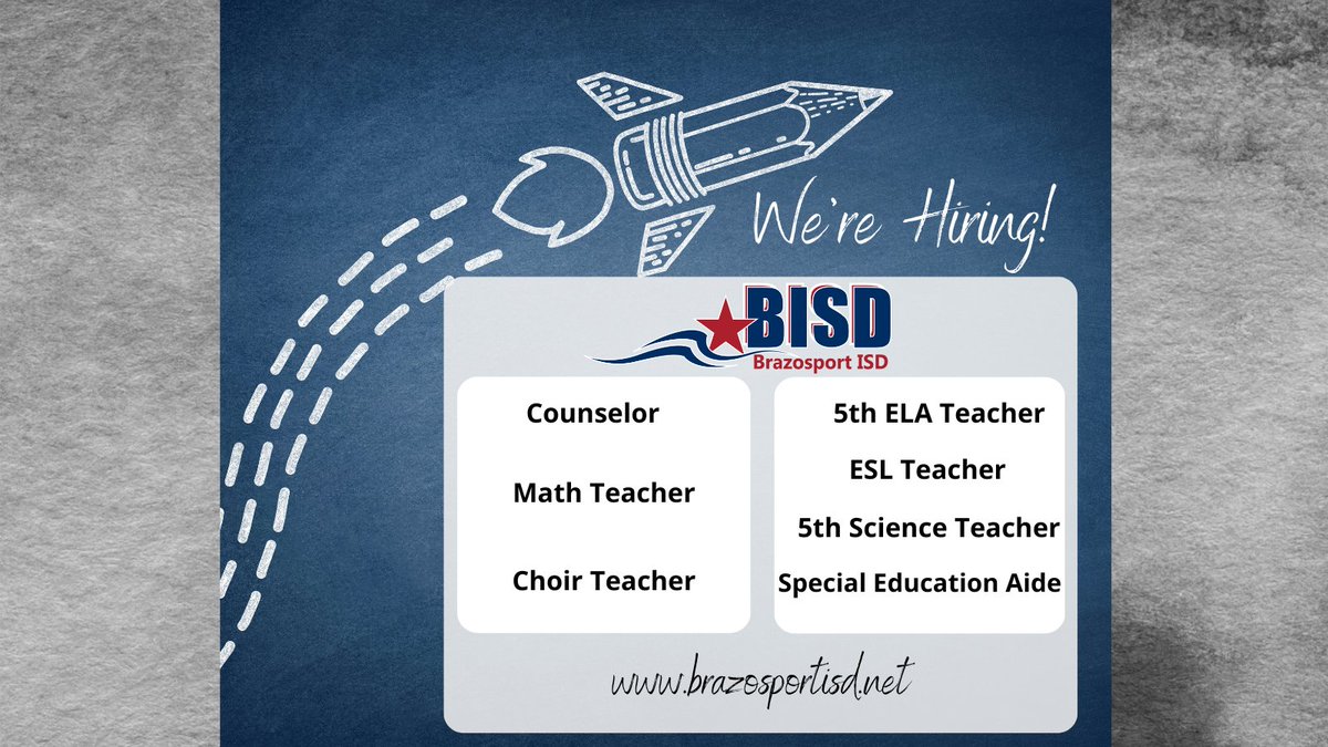 Who is ready to blast off with the Rasco Rockets in the 2022-2023 school year!? Grady B. Rasco Middle School is looking to make some amazing additions to their team! Interested candidates can visit our website to view job details & apply! applitrack.com/brazosportisd/… #BISDpride