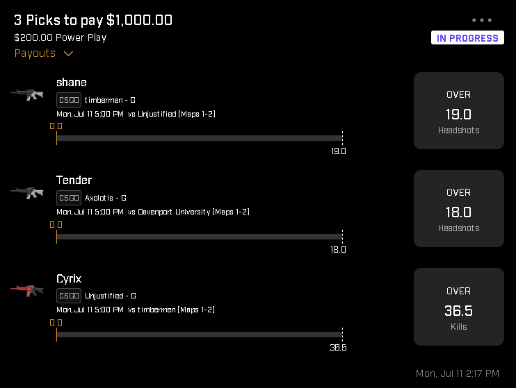 The Daily Fantasy Hitman On Twitter Csgo Plays For Prize Picks 7 11 Risking It For The