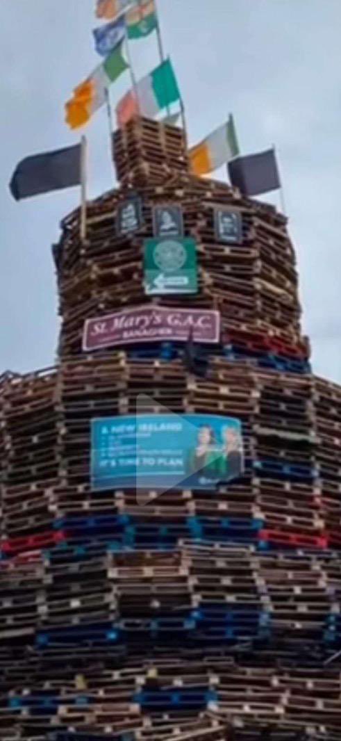 coraokane's tweet photo. My question of the day is… what the fuck did banagher ever do on the orange men 🤔🤔🤔 that’s 2 bonfires now with banagher flags on it 😳😂 https://t.co/wM1FMEBv2I