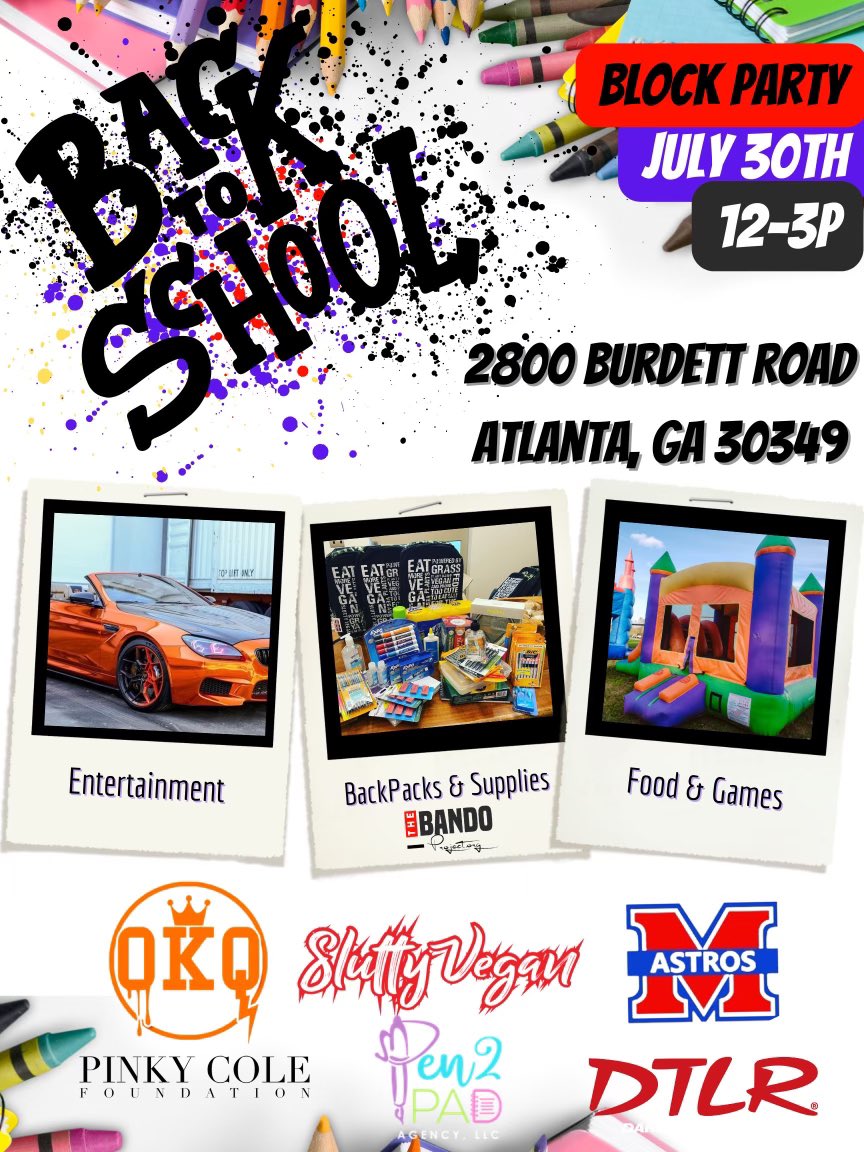 Come Rock the Block Back to School!  #fultoncountyschools
#backtoschool #collegepark #RonaldEMcNairmiddleschool #bandoproject #southside #bouncehouses #basketball
#physicals #votersregistration #fishfry #konaice #icecreamdream #blockparty #sluttyvegan