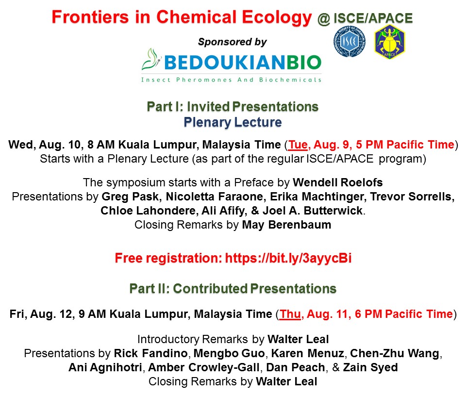 Walter Leal (@wsleal2014) on Twitter photo Free registrations are now open: bit.ly/3ayycBi
Frontiers in Chemical Ecology (program starts on Tue, Aug. 9, 5 PM Pacific Time). Please register to attend live presentations & receive follow up information regarding recorded lectures. <a href="/ChemEcol_org/">International Society of Chemical Ecology</a> <a href="/AlvinHee_MY/">Alvin Hee</a> Free registrations are now open: bit.ly/3ayycBi
Frontiers in Chemical Ecology (program starts on Tue, Aug. 9, 5 PM Pacific Time). Please register to attend live presentations & receive follow up information regarding recorded lectures. <a href="/ChemEcol_org/">International Society of Chemical Ecology</a> <a href="/AlvinHee_MY/">Alvin Hee</a>