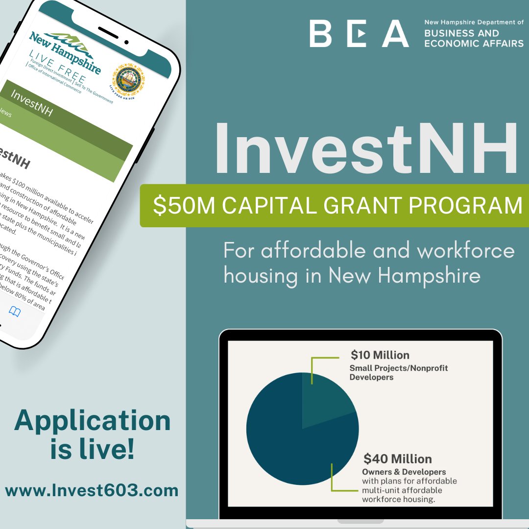 NHEconomy's tweet photo. The application for the #InvestNH fund, an initiative to expand affordable and workforce housing in New Hampshire, is now live! Owner or developer? Apply for part of the funding, here: https://t.co/g7Uan8Um0H.

#NHEconomy #ChooseNH #NHBEA https://t.co/RifhcYjjFL