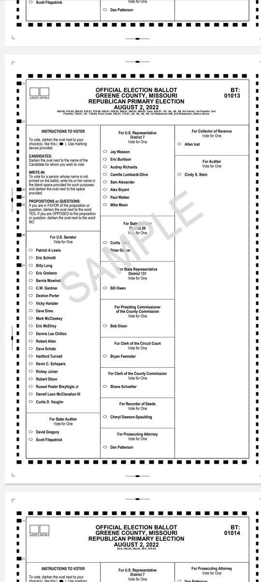 DannyHortonMO's tweet photo. Here's my ballot for August 2nd. How I'll fill it out. 
#MOSEN Schmitt 
#MOAUDITOR Gregory
#MO07 Burlison 
Missouri State Senate District 20 Trent
The rest have no challengers so it's obvious how I'll vote. https://t.co/Y7S2XcUhXh