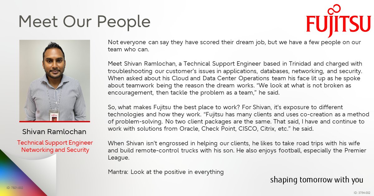 Fujitsu_Carib's tweet image. Meet Shivan Ramlochan, Technical Support Engineer based in our Trinidad office.

He is responsible for troubleshooting our customer’s issues in applications, databases, and networking.

Learn more about him 👇
#MCM #TechnicalSupportEngineer