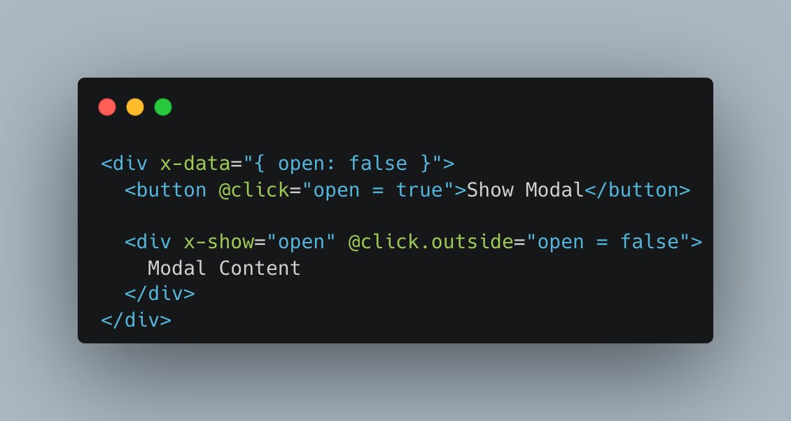 markuscodes's tweet image. For private project I have to create some ui components which require simple javascript logic. Instead of writing plain javascript code I have looked for an easier solution and found Alpine.js. Look how easy the logic for a modal/popover can be created: