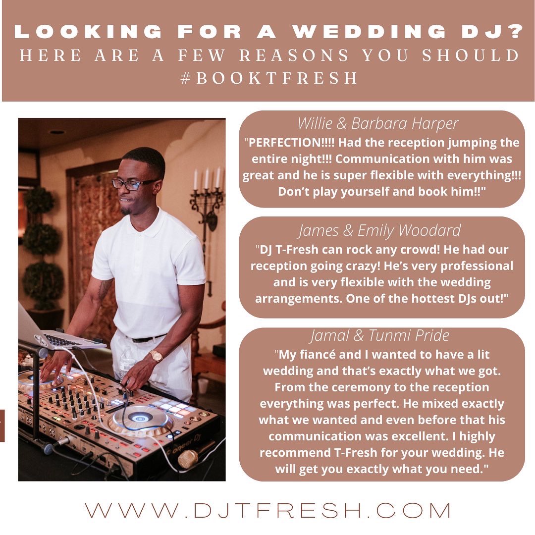 TheDJTFresh's tweet photo. Just in case you were on the verge of Booking T-Fresh and needed some motivation or just in the market for a Wedding DJ. Look no further, BOOK T-Fresh ‼️ TAG A NEWLY ENGAGED COUPLE 👩❤️👨💒💍 #BookTFresh #TheWeddingCrasher #DJTFresh https://t.co/WnOrSLsPvq