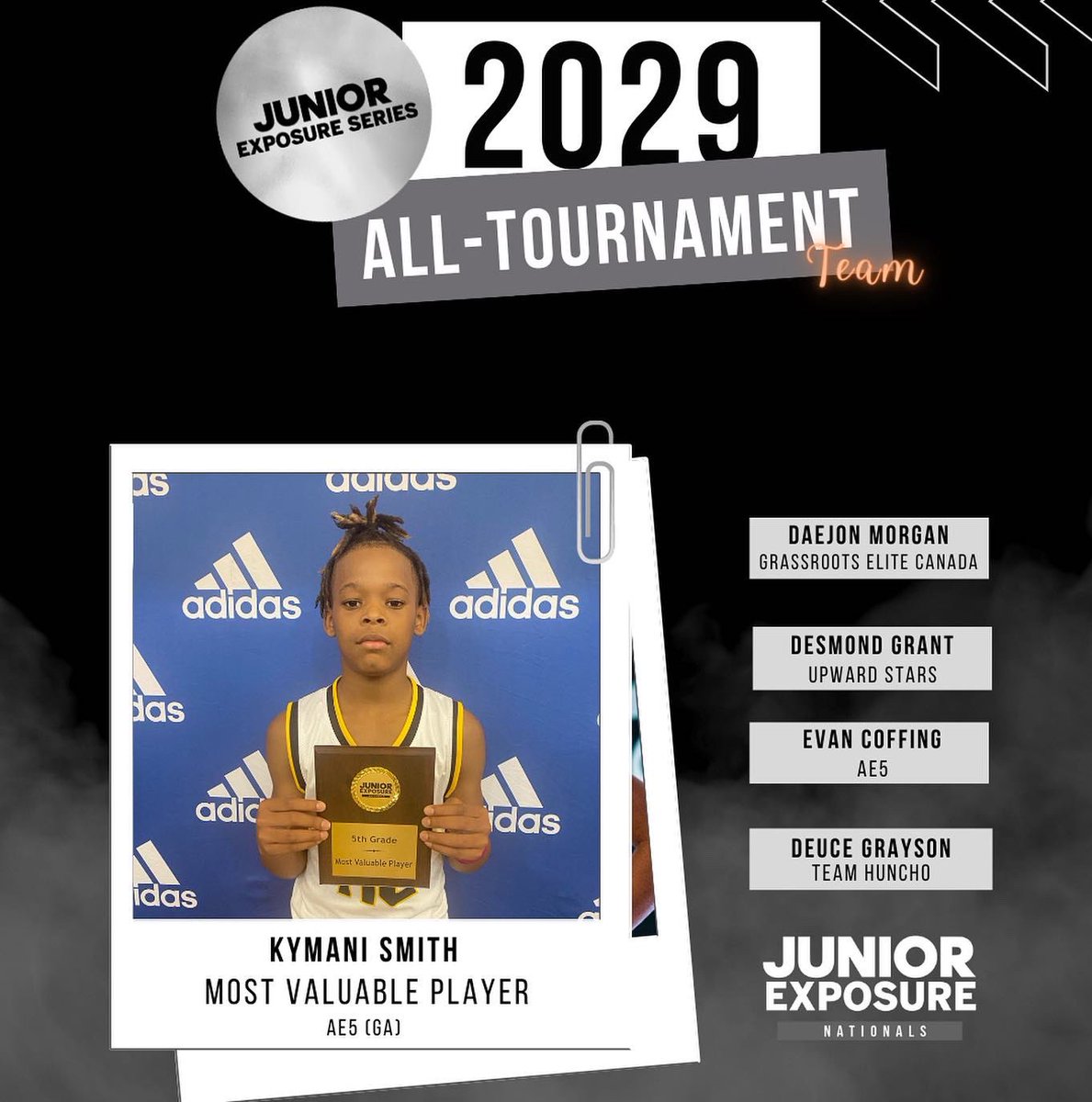 Jr3SSB's tweet photo. Congratulations to your Class of 2029 All Tourney Team 🎉
Kymani Smith | @AE5Basketball
Daejon Morgan | @GRCELITE
Desmond Grant | @upwardsports
Evan Coffing | @AE5Basketball
Deuce Grayson | @teamhunchobball
#JrNATL /// #JrExposure https://t.co/RjwSHO6RCJ