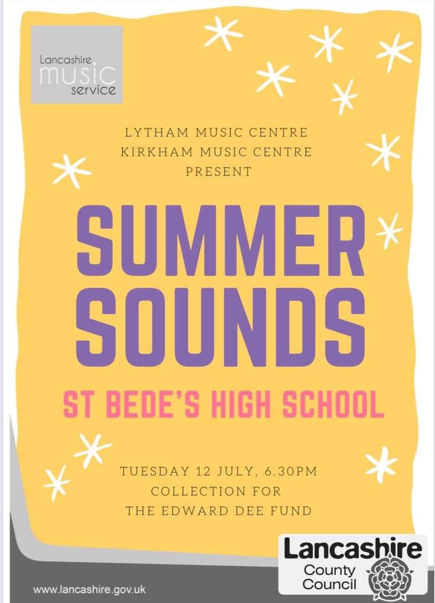 End of year concert for Lancs Music Lytham Music Centre and Kirkham Music Centre is tomorrow night (12th July) @ St Bedes. Looking forward to some fantastic music. Come along, all welcome x