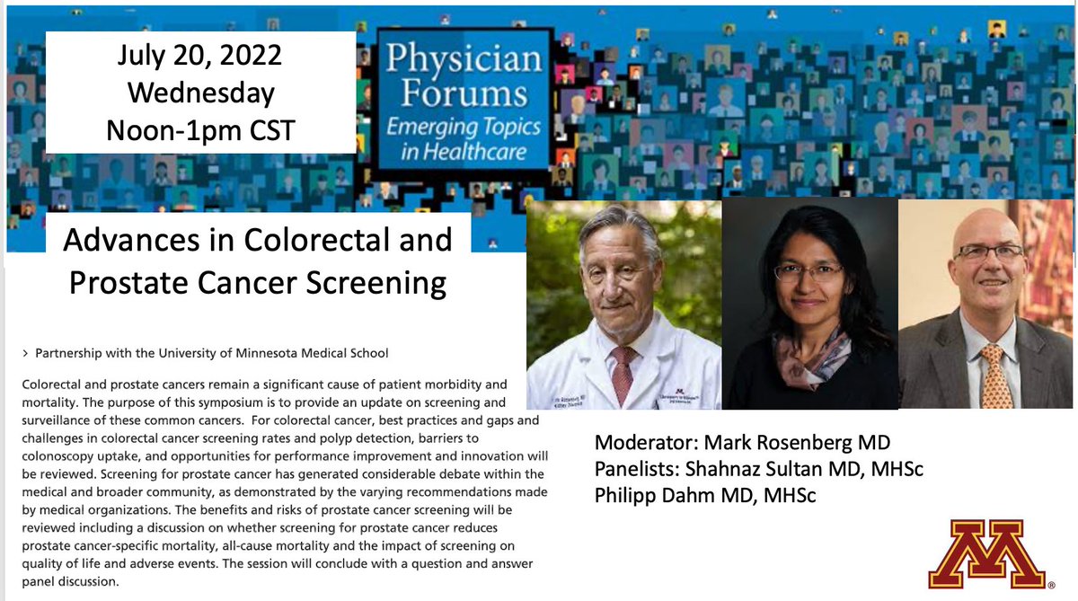Shahnaz Sultan (@sultanshazi) on Twitter photo Join us on Wednesday July 20th for the Minnesota Medical Association Physician’s Forum Webinar on “Advances in Colorectal and Prostate Cancer Screening” <a href="/EBMUrology/">Philipp Dahm</a> <a href="/UMN_GI/">@UMN GI Fellowship</a> Join us on Wednesday July 20th for the Minnesota Medical Association Physician’s Forum Webinar on “Advances in Colorectal and Prostate Cancer Screening” <a href="/EBMUrology/">Philipp Dahm</a> <a href="/UMN_GI/">@UMN GI Fellowship</a>