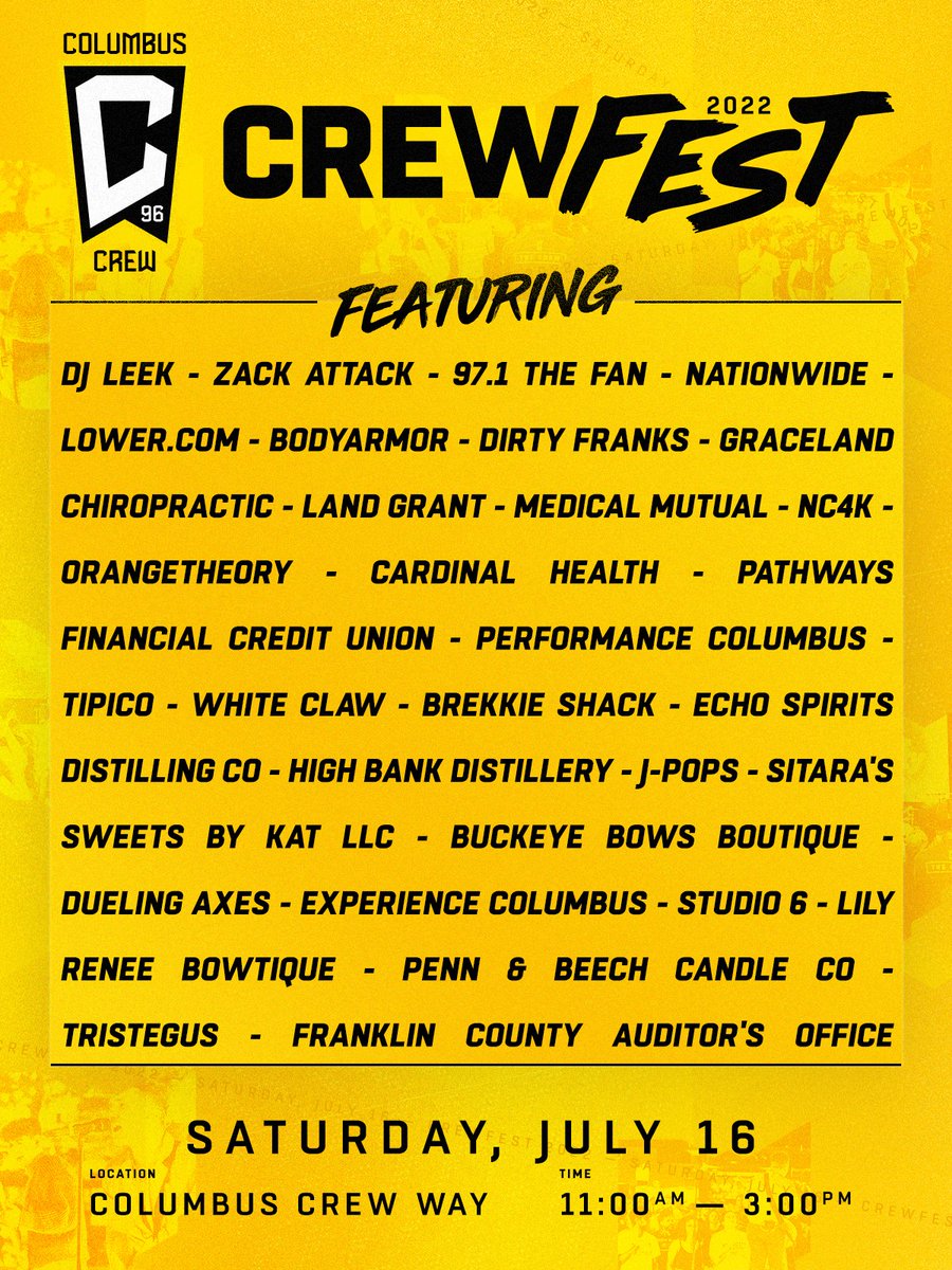 ColumbusCrew's tweet photo. Your 2022 Crew Fest Lineup 🙌

On July 16, the Community Plaza and Columbus Crew Way will transformed into a festival!

We'll celebrate our city and our Club before the Crew and @ColumbusCrew2 take on Cincinnati.

RSVP: https://t.co/raAKUp8NZs

#Crew96 | #VamosColumbus https://t.co/iTDsCuwVcZ