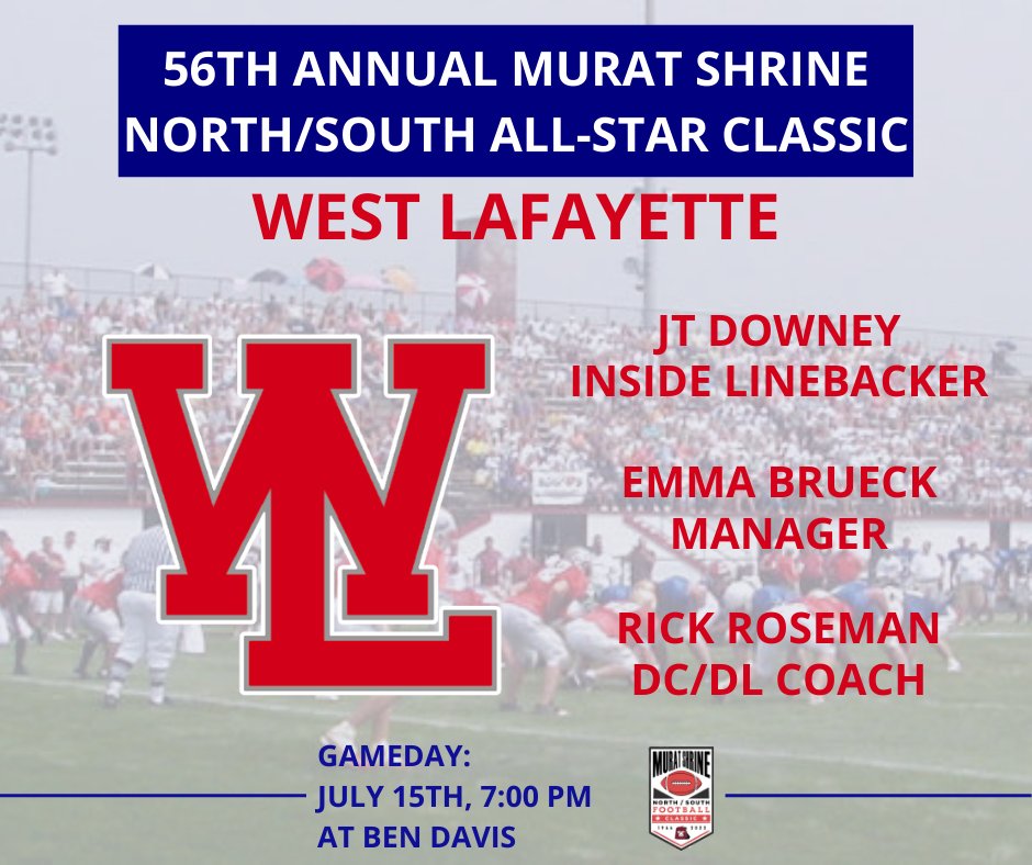 JT Downey, Rick Roseman, and Emma Brueck will represent West Lafayette High School in the Murat Shrine North South All Star Classic

<a href="/JTDowney2/">JT Downey</a> <a href="/CoachWhalen59/">Greg Whalen</a> <a href="/MarianUFootball/">Marian Football</a> <a href="/WLfootballRDP/">WL Football</a> <a href="/WLfootballRDP/">WL Football</a>
