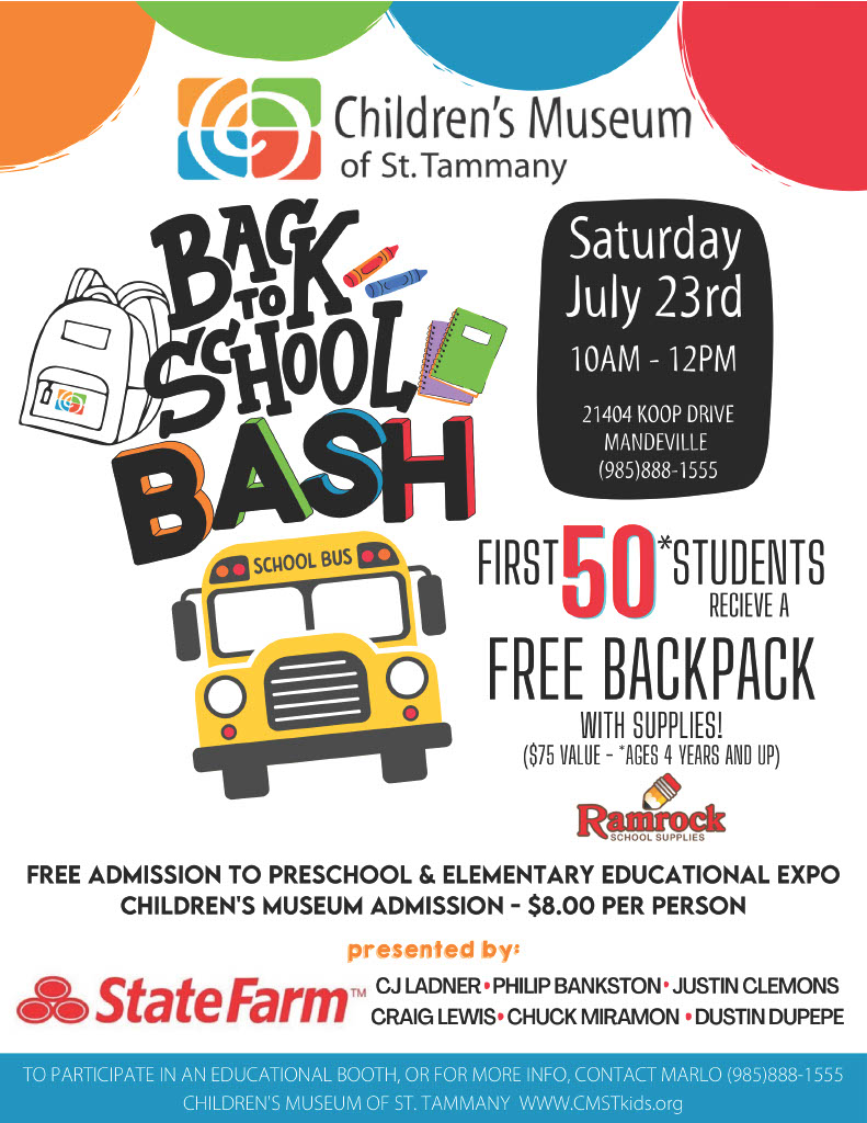 stppschools's tweet photo. 📚It's never too late to start preparing for the new school year! 🏫Join us at the St. Tammany Children's Museum for a Back to School Bash on Saturday, July 23rd from 10:00 am to 12:00 pm! Representatives from our kindergarten and Pre-K departments will be there.

#OneTeamSTPPS https://t.co/efdjqvfRSY