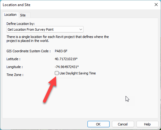 paulfaubin's tweet photo. #Revit #SharedCoordinates Does anyone know what (if anything) changes on georeferenced coordinates when you check the "Use Daylight Saving Time" box? https://t.co/dDhPElyWWv