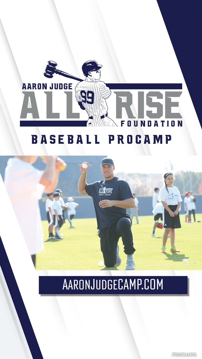 Excited to announce my @AllRiseOfficial Baseball @ProCamps is live! Registration is extremely limited! Head to AaronJudgeCamp.com to lock in your spot!