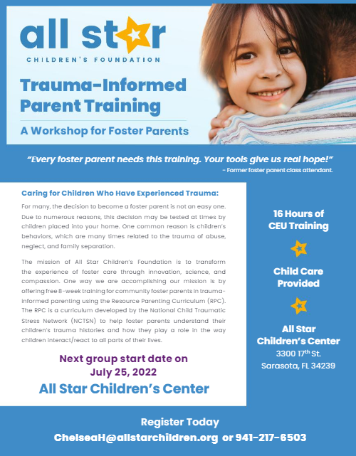 FOSTER PARENTS: All Star's next Trauma-Informed Parent Training is coming up soon! Sign up and get the tools you need for supporting children in your care. Email Chelsea Hernandez at ChelseaH@allstarchildren.org to reserve your spot.