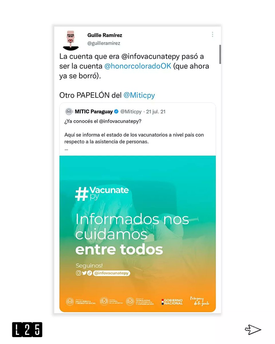 EnLatitud25's tweet photo. ⚠️En su momento, instituciones del estado como el @Miticpy, la @SNJPy y el @msaludpy se hicieron eco de la iniciativa #InfoVacunatePy y su participación en la creación de la misma.
#L25 https://t.co/cVwvNBuS7M