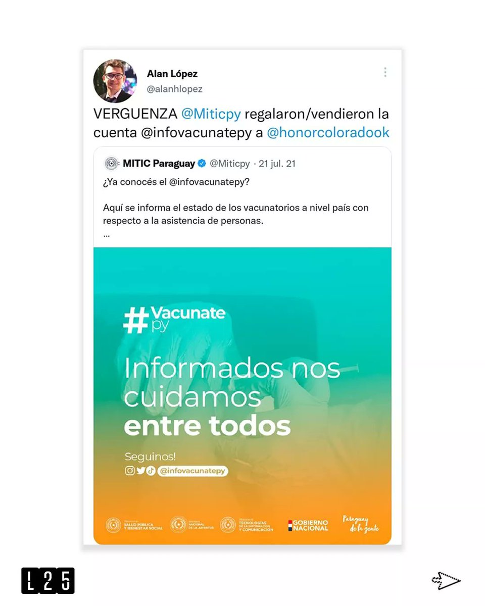 EnLatitud25's tweet photo. ⚠️En su momento, instituciones del estado como el @Miticpy, la @SNJPy y el @msaludpy se hicieron eco de la iniciativa #InfoVacunatePy y su participación en la creación de la misma.
#L25 https://t.co/cVwvNBuS7M