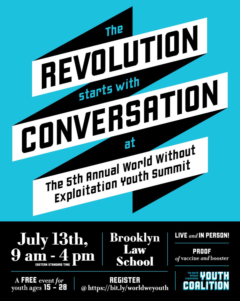 There are still seats left(!) for the 5th annual World Without Exploitation Youth Summit––a free, in-person event happening THIS WEDNESDAY, July 13(!!). It's a full day of panels, workshops, and discussions–sign up NOW! worldwithoutexploitation.org/youth