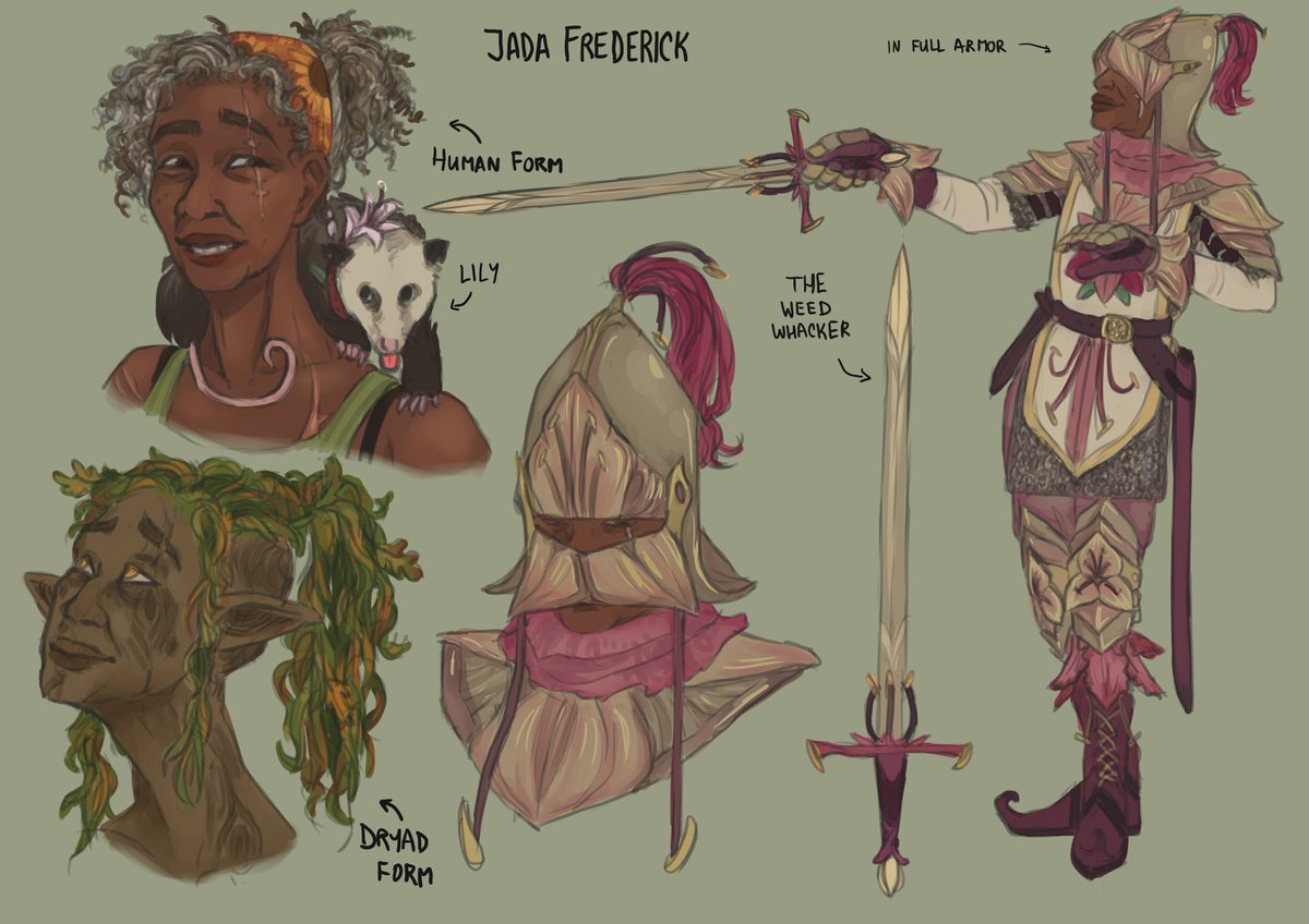 Another fanart, just to make sure all knights at the Garden get all the love they deserve! Jada, all set with her armour set, sword and support-possum Lily <3
#blaseball <a href="/BOS_flowers/">🌹The NEW Boston Flowers🌹</a>