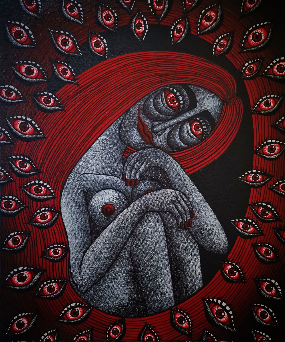 chayanisa_sriwi's tweet image. Dark Emotions # 02
Acrylic paint and pen on canvas 50x60 cm
คนจำพวกนึงที่ใช้ชีวิตแบบ ที่ต้องคอยหวาดระแวง หวาดหวั่น แคร์สายตาและคำพูดคนอื่น ทำให้ตัวเองขาดความสุข
#emotions #Darkemotions #darkside #artists
#modernart #myart  #feministart #thaiartist #paintings #arts