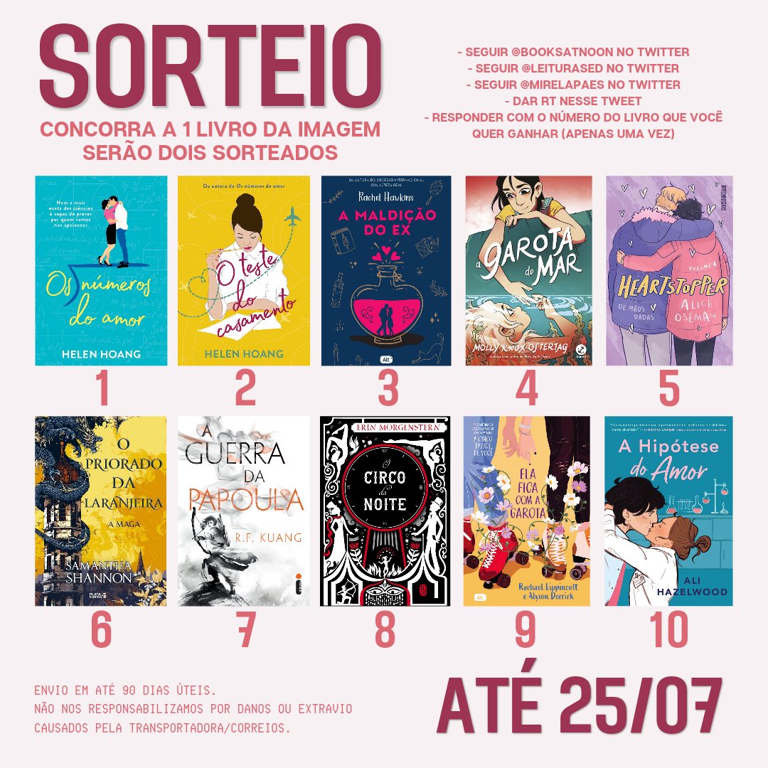 📚 SORTEIO 📚

✨ Concorra a UM (1) dos livros da imagem

SERÃO DOIS SORTEADOS!

➡️ Regras:
• Seguir <a href="/booksatnoon/">leili • books at noon 📚</a>
• Seguir <a href="/LeituraseD/">Leituras & Delírios</a>
• Seguir <a href="/mirelapaes/">Mirela Paes ✨</a>
• Dar RT nesse tweet
• Comentar com qual livro você quer ganhar (apenas uma vez)

ATÉ 25/07
